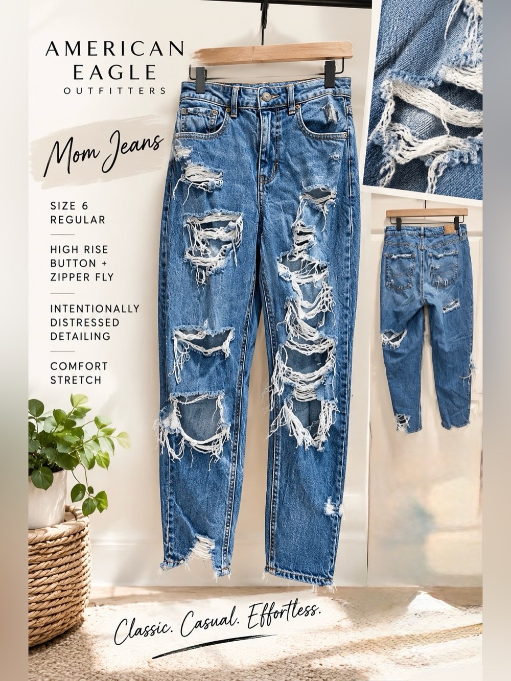 American Eagle Mom Jeans Size 6 Regular | Distressed Ripped Light Wash Denim |